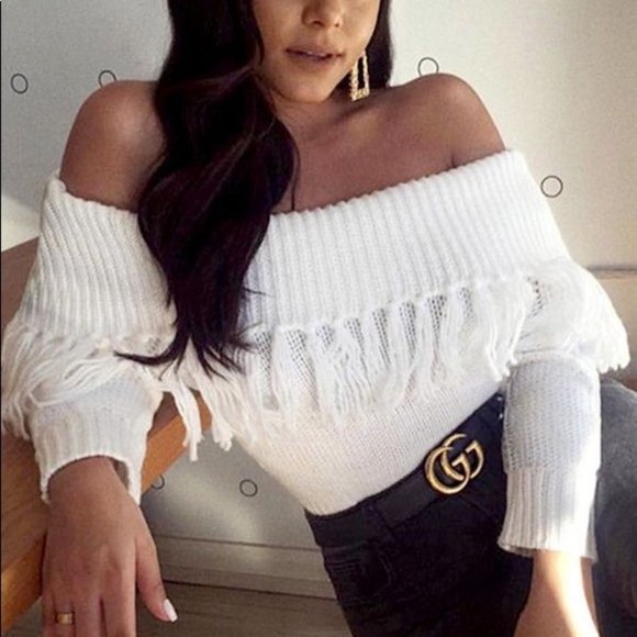 Main Strip Off Shoulder Tassel Long Sleeve Knit Fringe Sweater - Picture 4 of 9